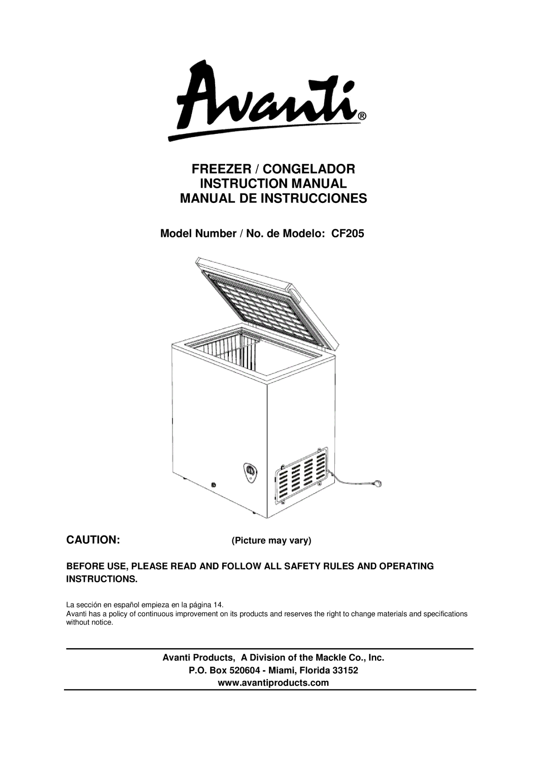 Avanti CF205 instruction manual Freezer / Congelador Manual DE Instrucciones, Picture may vary 