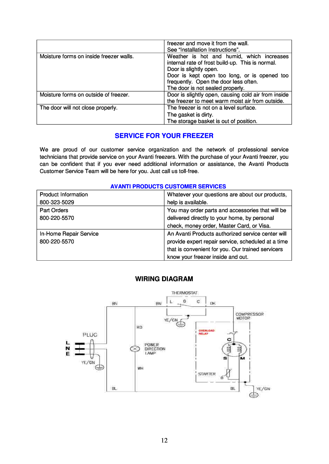 Avanti CF205 instruction manual Service For Your Freezer, Wiring Diagram, Avanti Products Customer Services 
