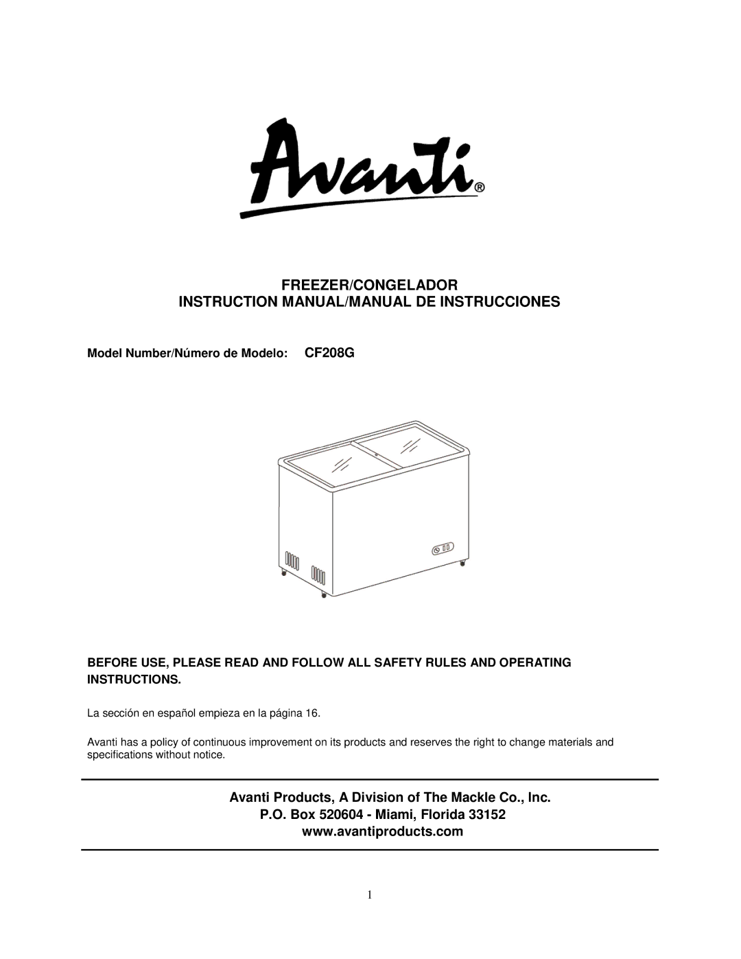 Avanti instruction manual Freezer/Congelador, Model Number/Número de Modelo CF208G 