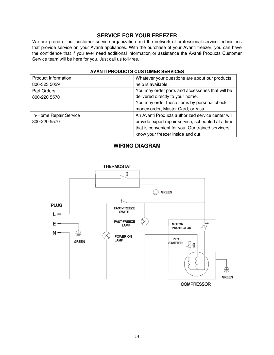 Avanti CF208G instruction manual Service for Your Freezer, Wiring Diagram, Avanti Products Customer Services 