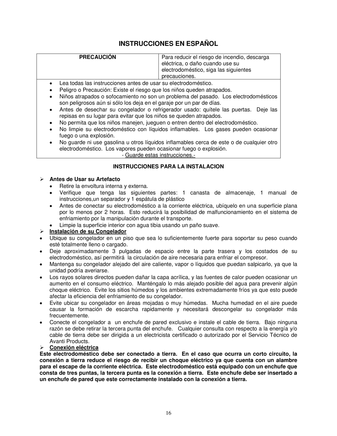 Avanti CF208G Instrucciones EN Español, Precaución, Instrucciones Para LA Instalacion,  Antes de Usar su Artefacto 