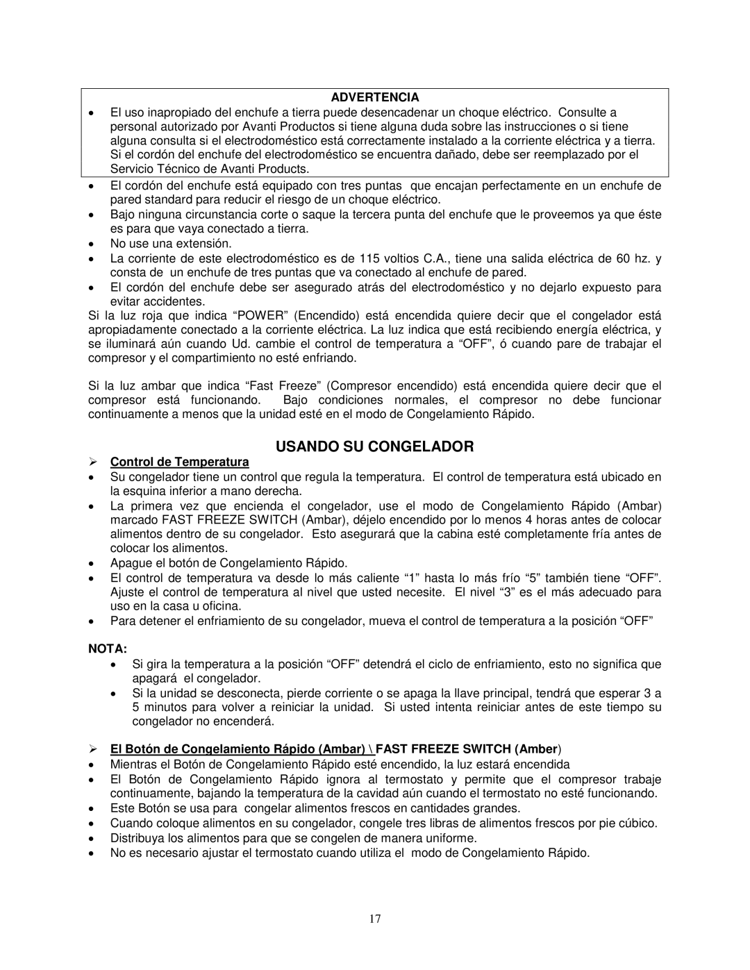 Avanti CF208G instruction manual Usando SU Congelador, Advertencia,  Control de Temperatura, Nota 