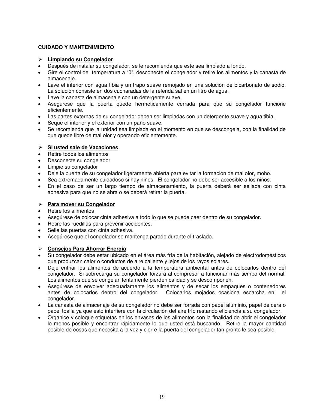 Avanti CF208G instruction manual Cuidado Y Mantenimiento,  Limpiando su Congelador,  Si usted sale de Vacaciones 