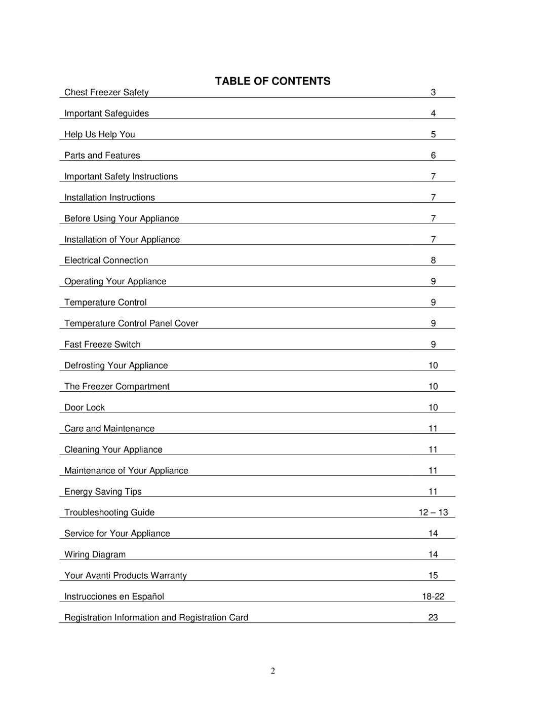 Avanti CF208G instruction manual Table of Contents 