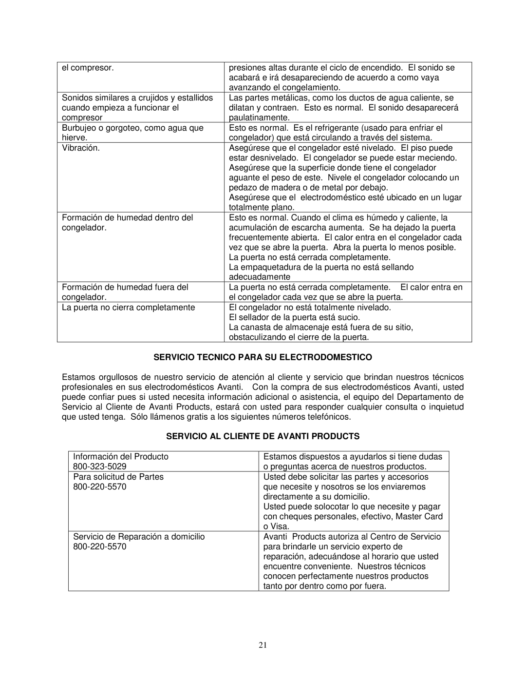 Avanti CF208G instruction manual Servicio Tecnico Para SU Electrodomestico, Servicio AL Cliente DE Avanti Products 