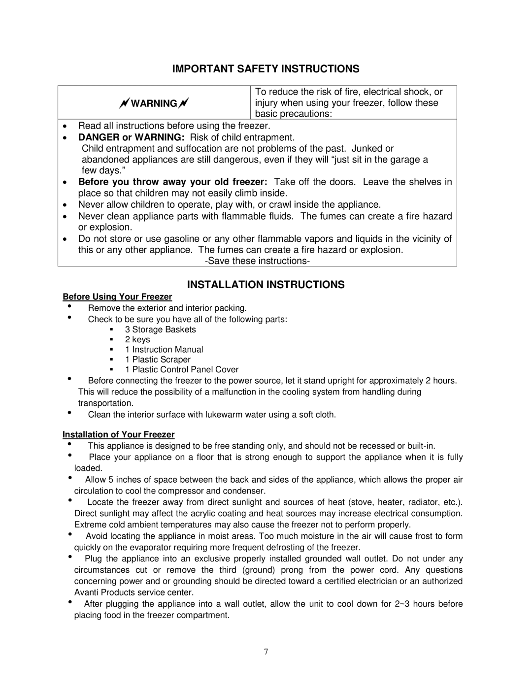 Avanti CF208G instruction manual Important Safety Instructions, Installation Instructions, Before Using Your Freezer 