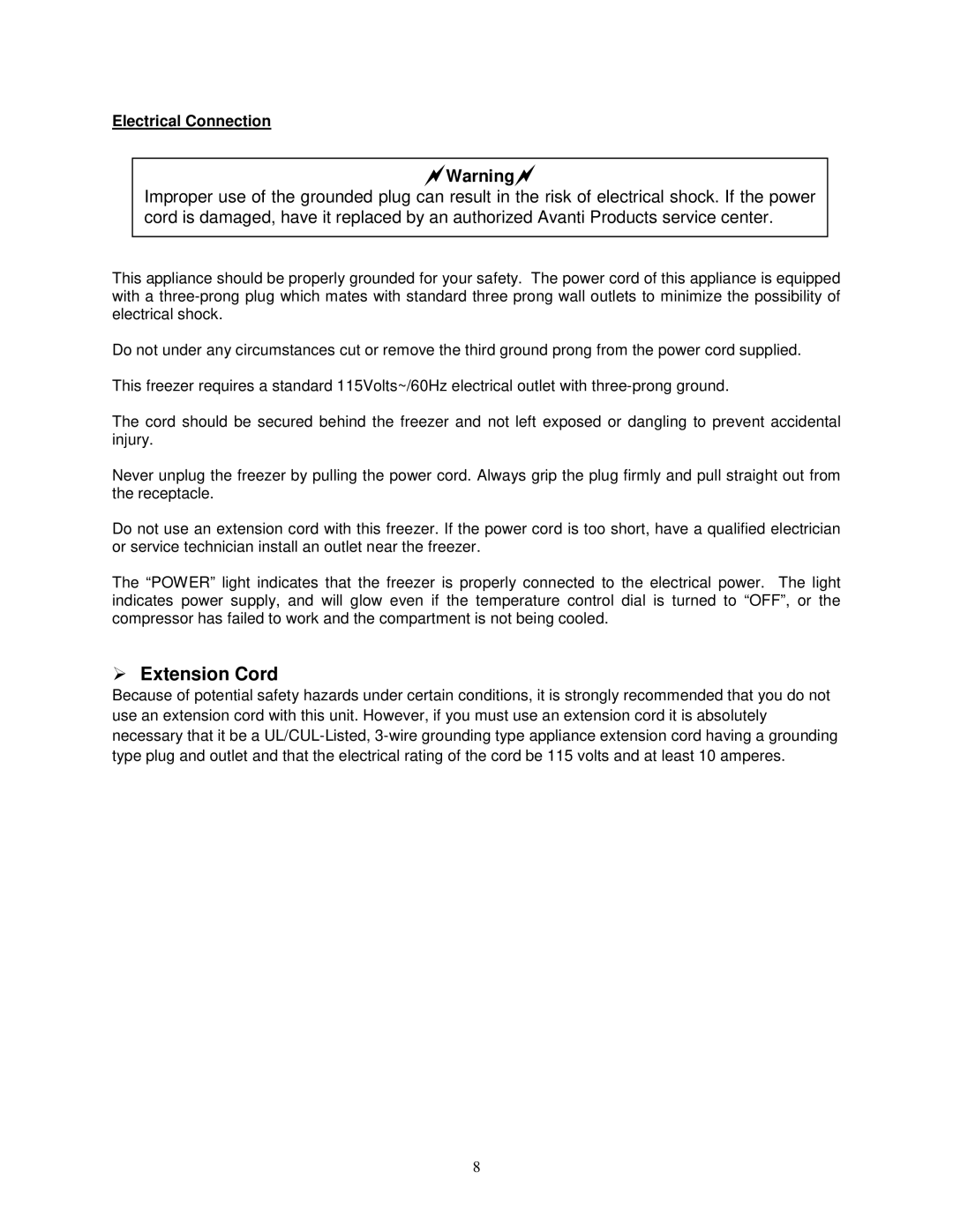 Avanti CF208G instruction manual Warning, Electrical Connection 