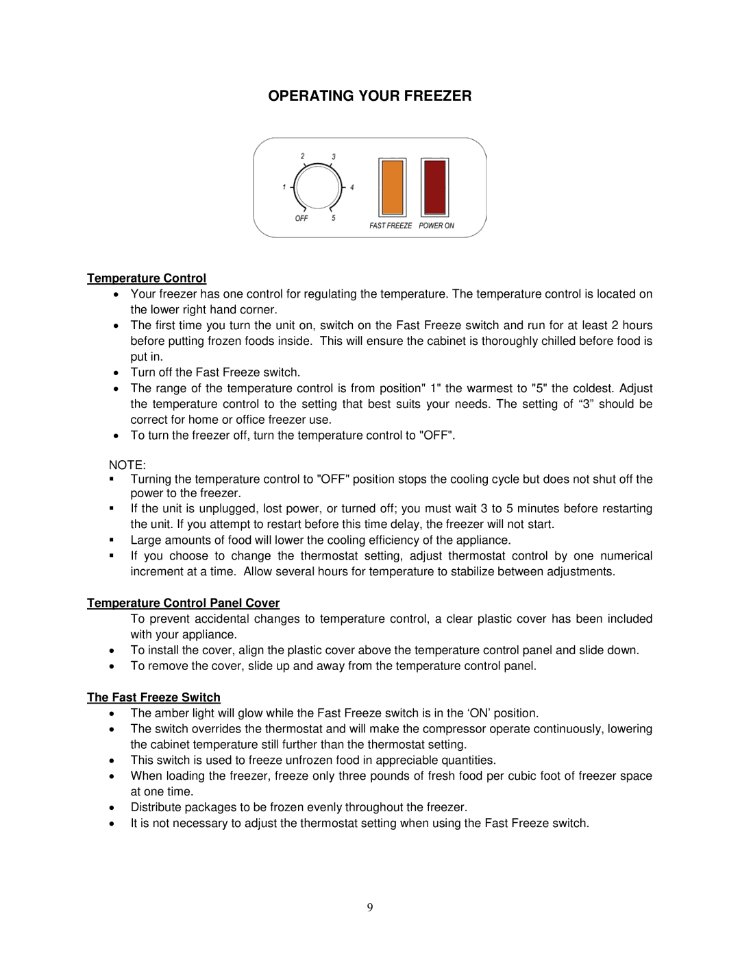 Avanti CF208G instruction manual Operating Your Freezer, Temperature Control Panel Cover, Fast Freeze Switch 