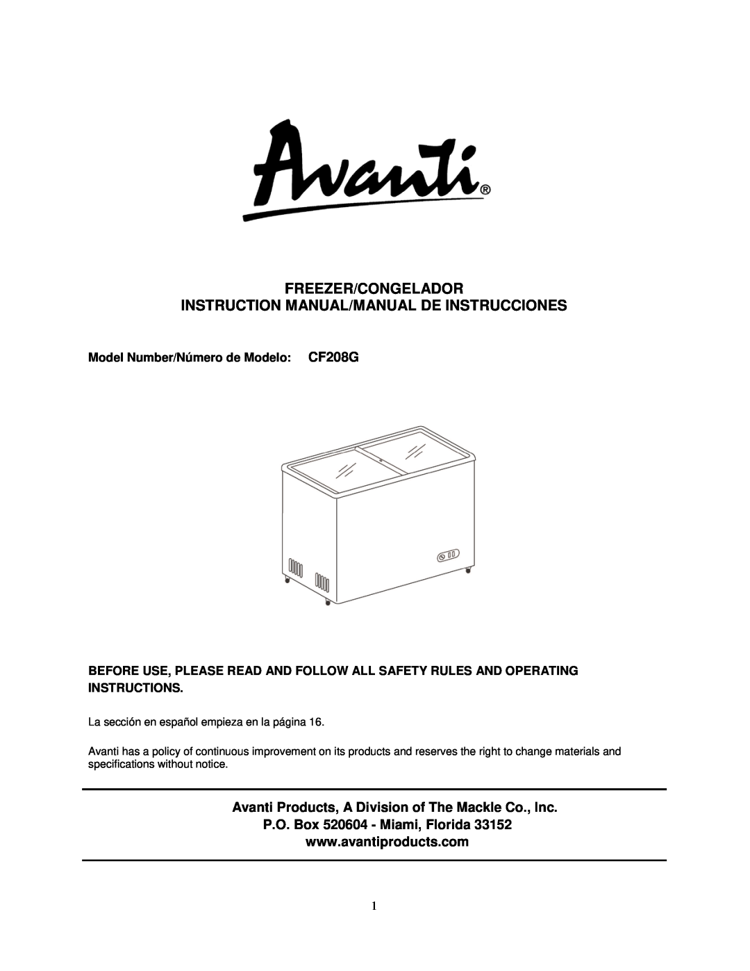 Avanti CF208G instruction manual Freezer/Congelador, P.O. Box 520604 - Miami, Florida 