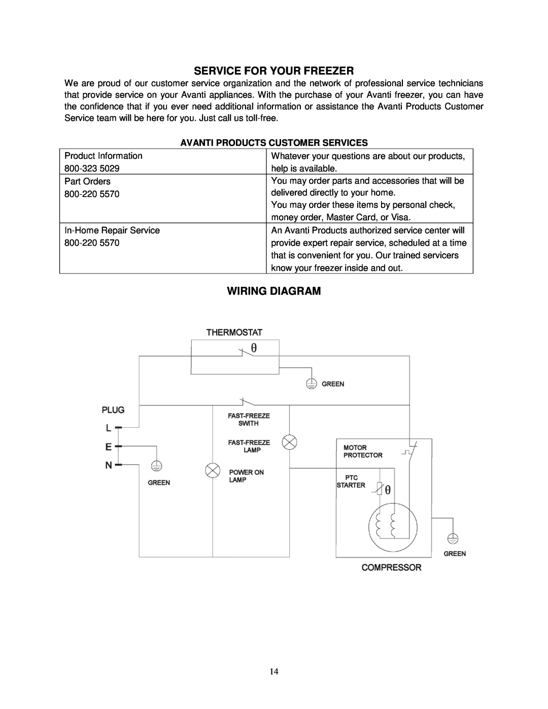 Avanti CF208G instruction manual Service For Your Freezer, Wiring Diagram, Avanti Products Customer Services 