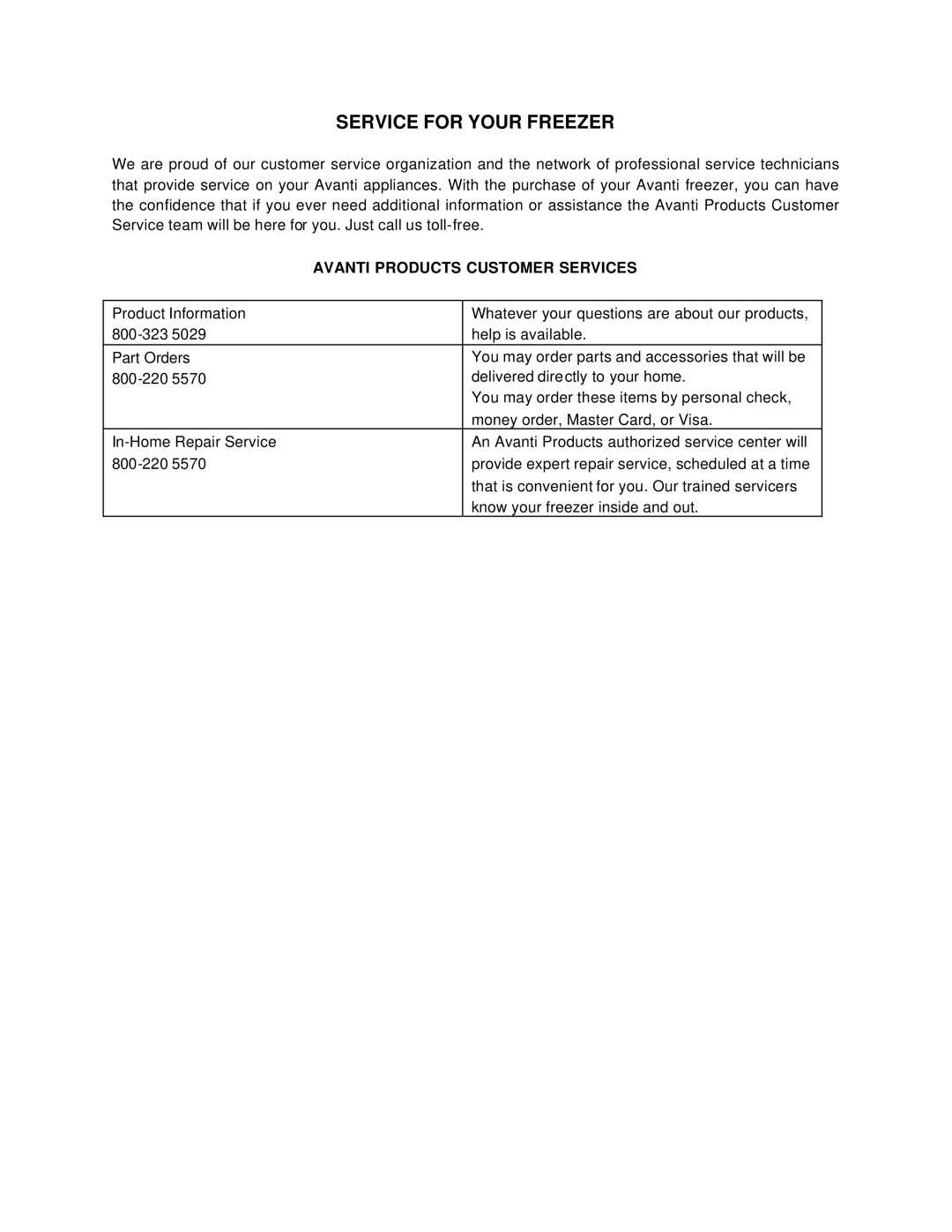 Avanti CF210G instruction manual Service for Your Freezer, Avanti Products Customer Services 