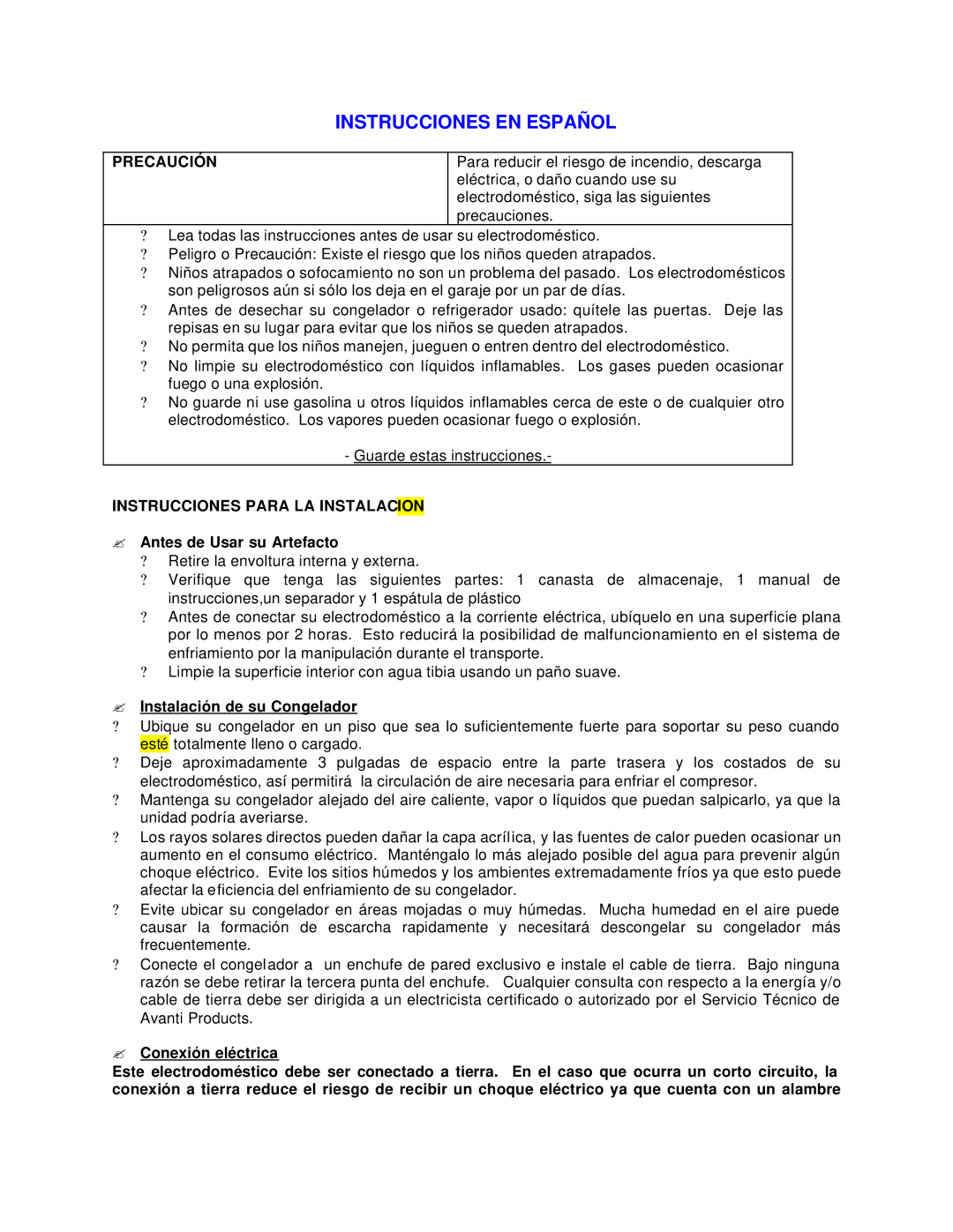 Avanti CF210G Precaución, Instrucciones Para LA Instalacion, ? Antes de Usar su Artefacto, ? Instalación de su Congelador 