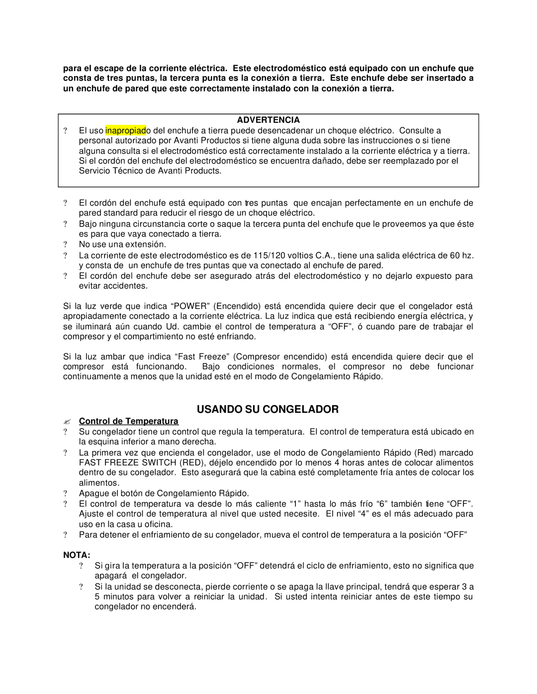 Avanti CF210G instruction manual Usando SU Congelador, Advertencia, ? Control de Temperatura, Nota 