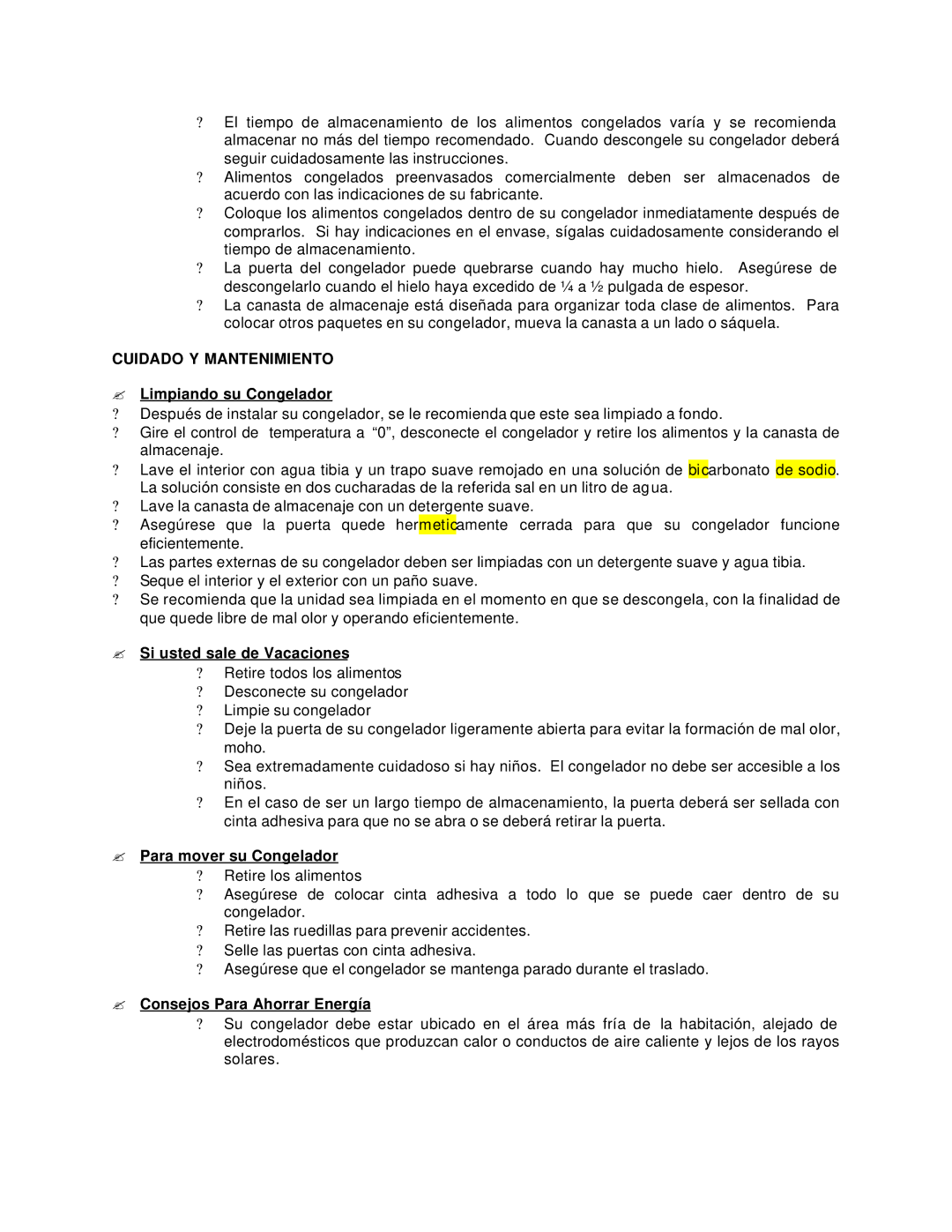 Avanti CF210G instruction manual Cuidado Y Mantenimiento, ? Limpiando su Congelador, ? Si usted sale de Vacaciones 