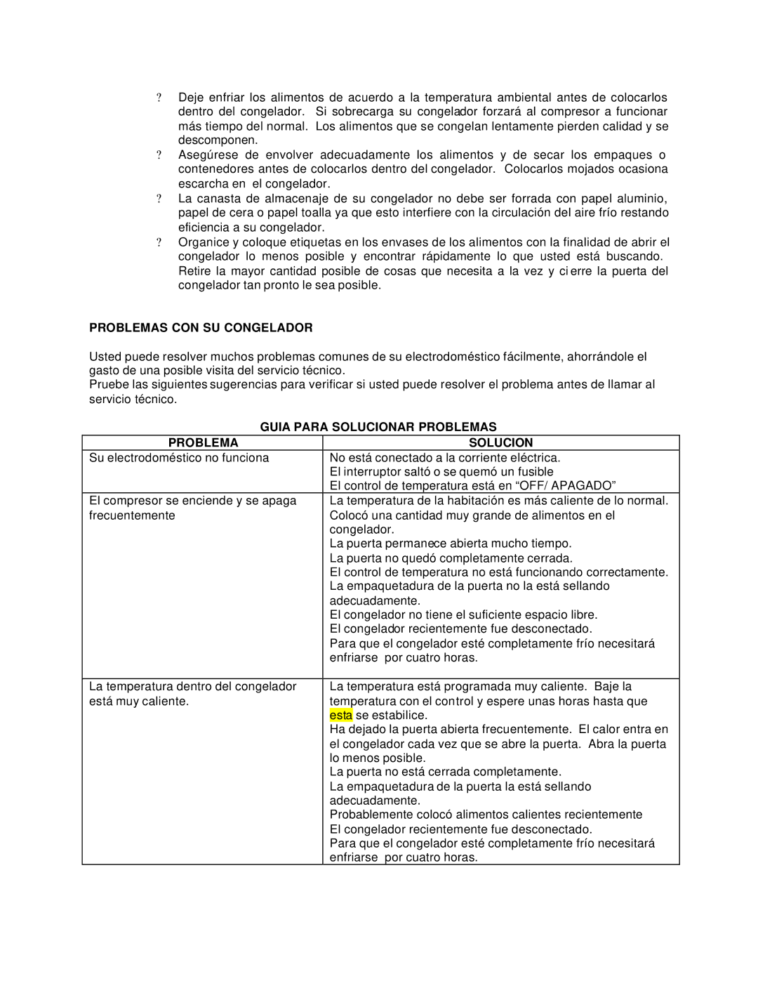 Avanti CF210G instruction manual Problemas CON SU Congelador, Guia Para Solucionar Problemas 