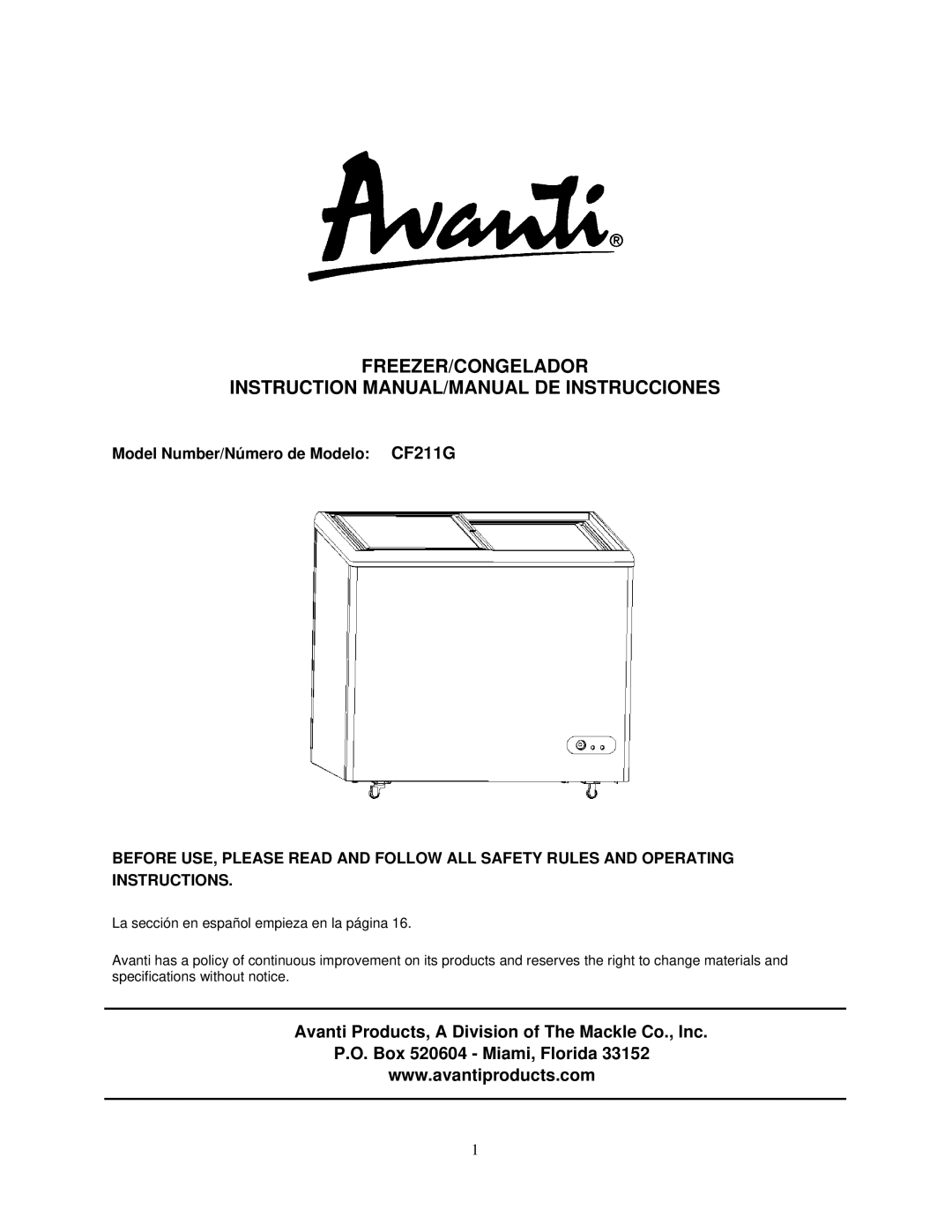 Avanti instruction manual Freezer/Congelador, Model Number/Número de Modelo CF211G 