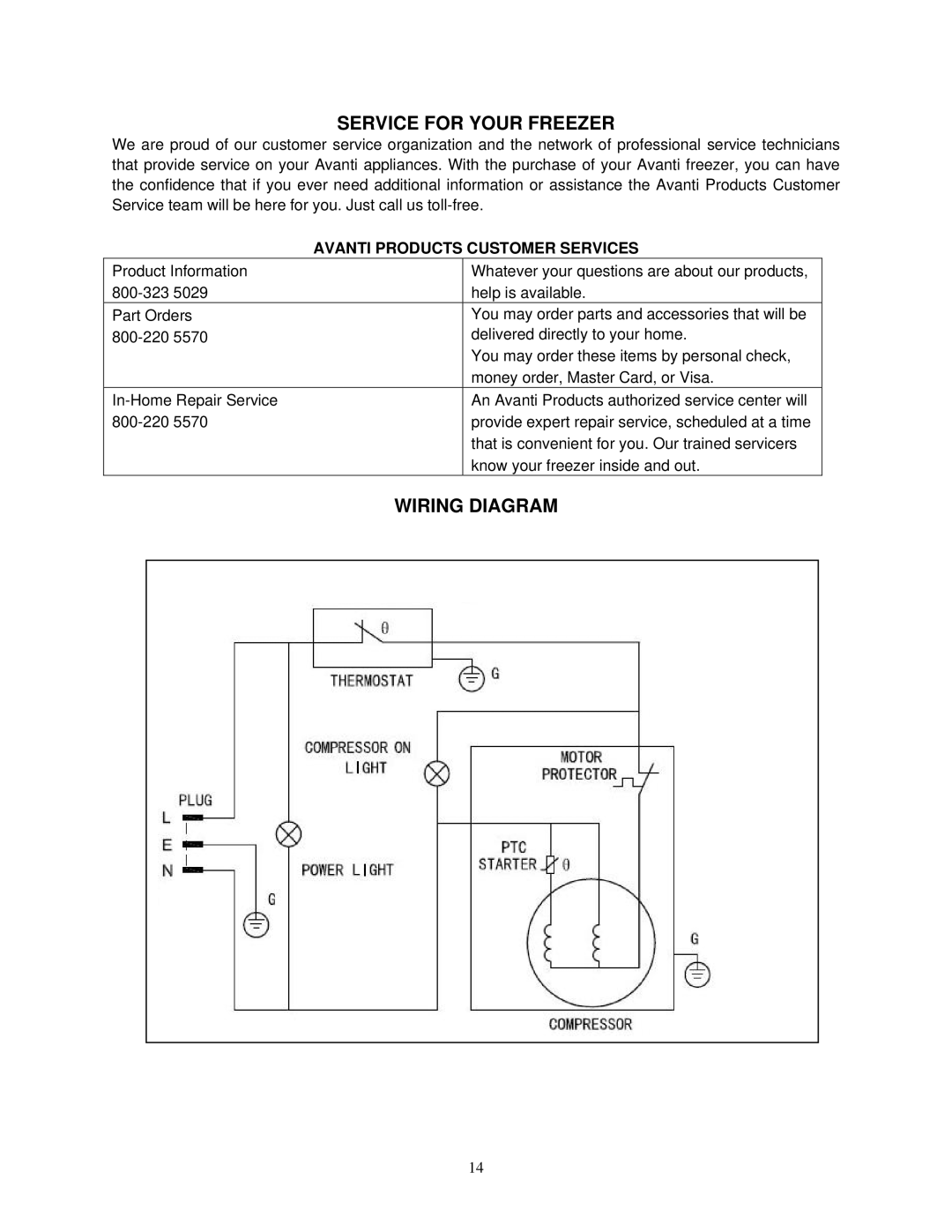 Avanti CF211G instruction manual Service for Your Freezer, Wiring Diagram, Avanti Products Customer Services 