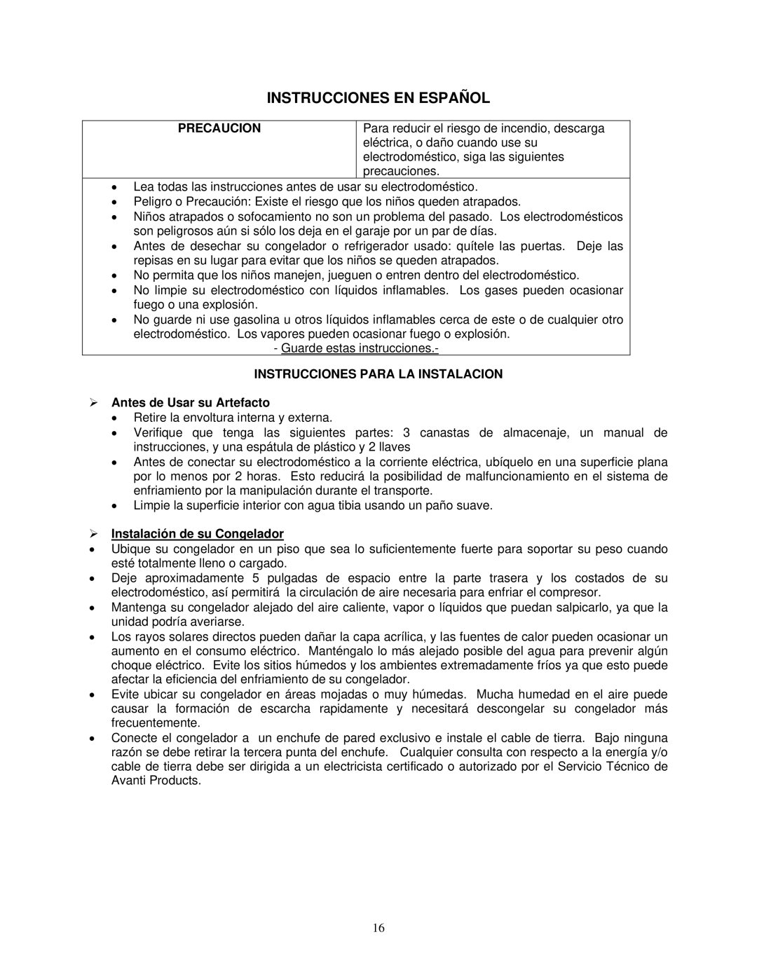 Avanti CF211G Instrucciones EN Español, Precaucion, Instrucciones Para LA Instalacion,  Antes de Usar su Artefacto 