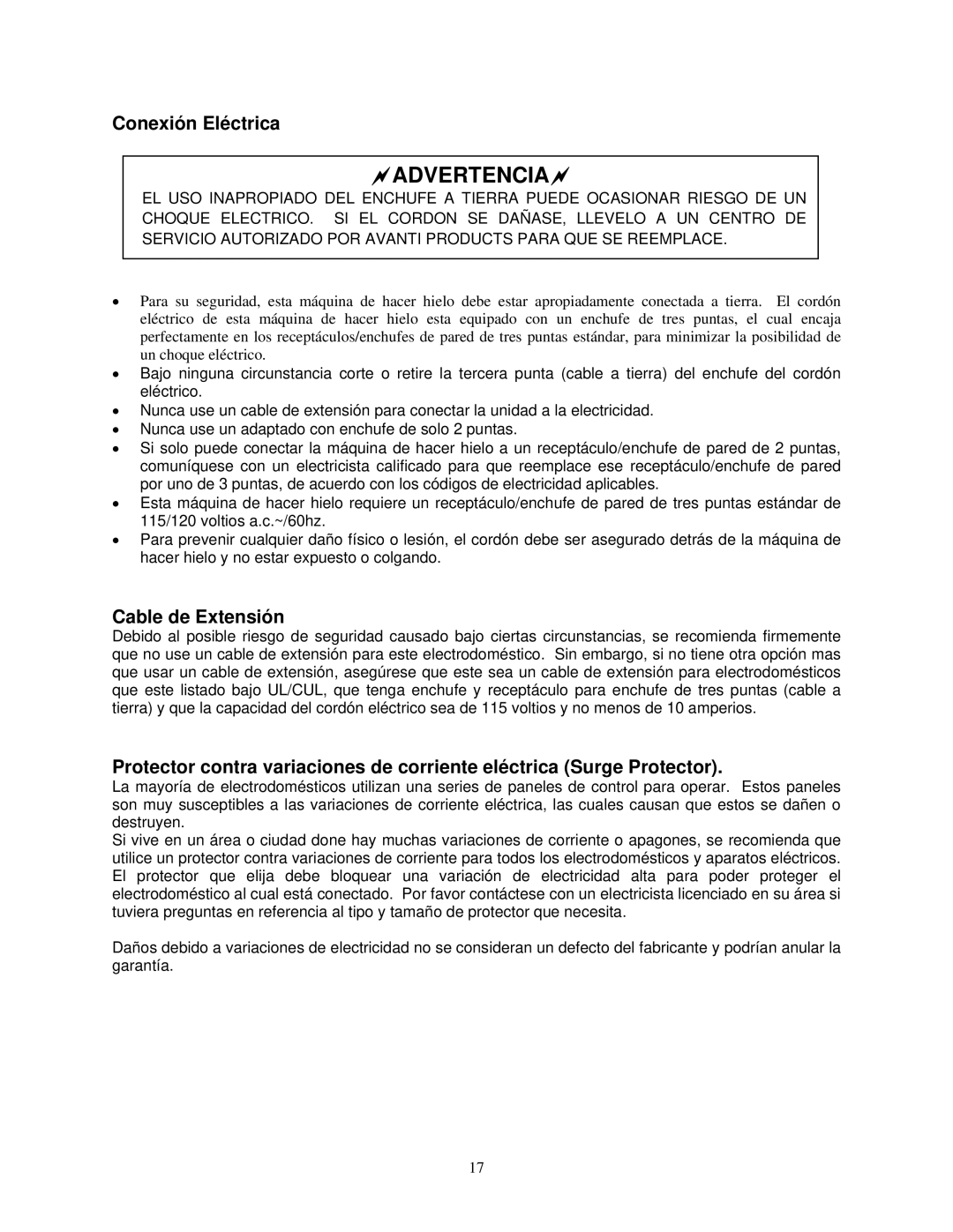 Avanti CF211G instruction manual Conexión Eléctrica, Cable de Extensión 