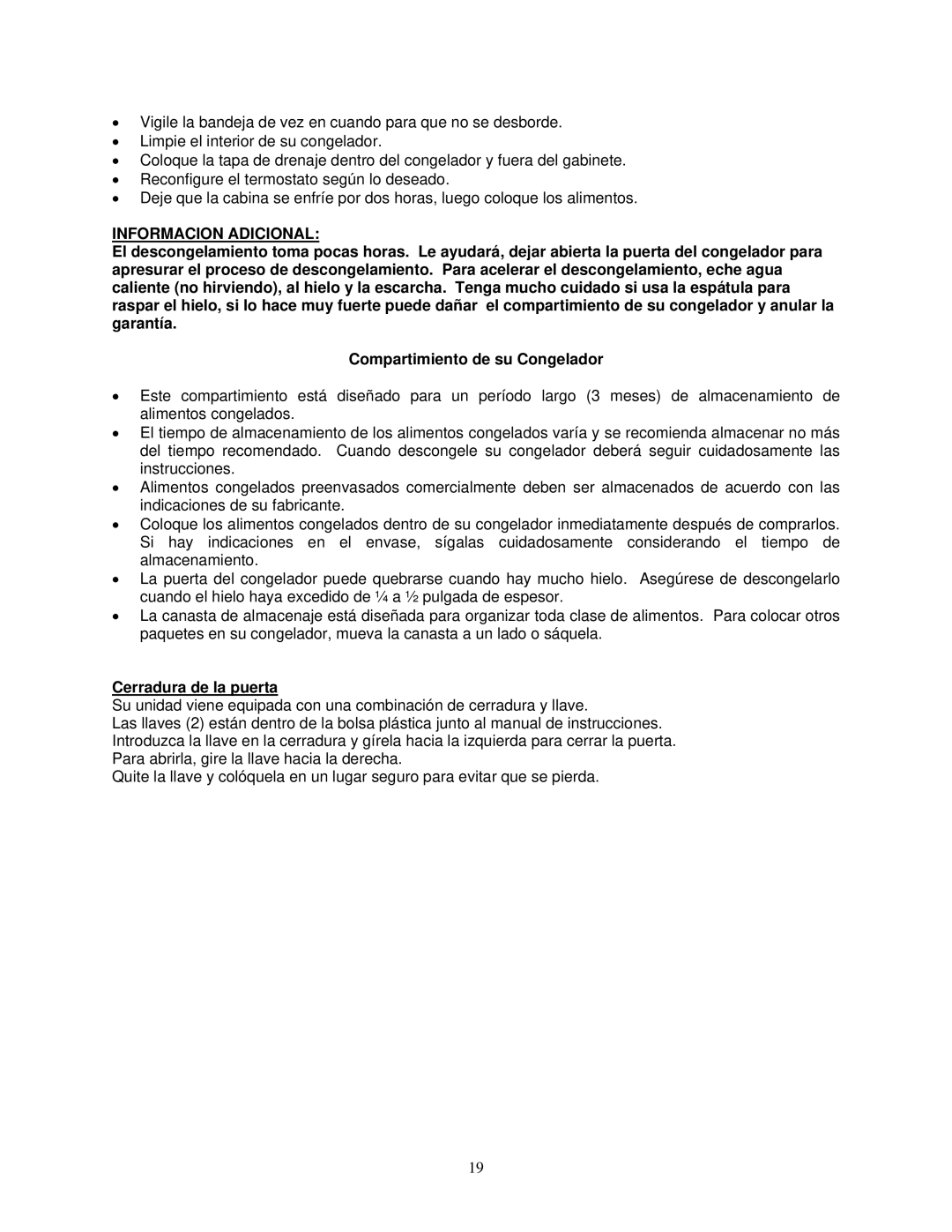 Avanti CF211G instruction manual Informacion Adicional, Cerradura de la puerta 