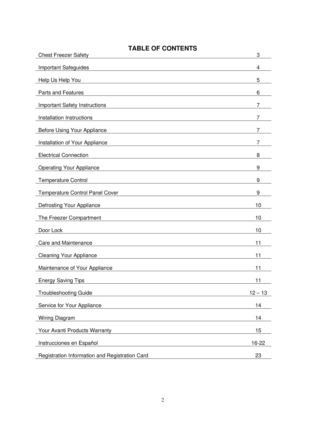 Avanti CF211G instruction manual Table of Contents 