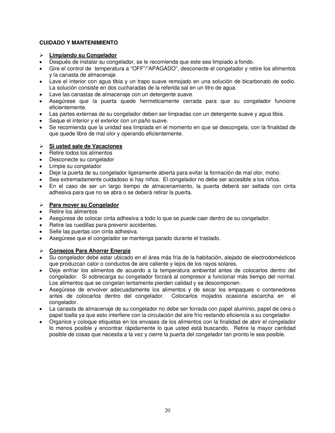 Avanti CF211G instruction manual Cuidado Y Mantenimiento,  Limpiando su Congelador,  Si usted sale de Vacaciones 