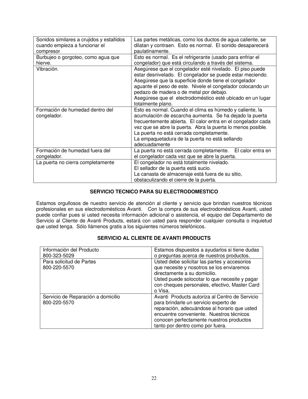 Avanti CF211G instruction manual Servicio Tecnico Para SU Electrodomestico, Servicio AL Cliente DE Avanti Products 