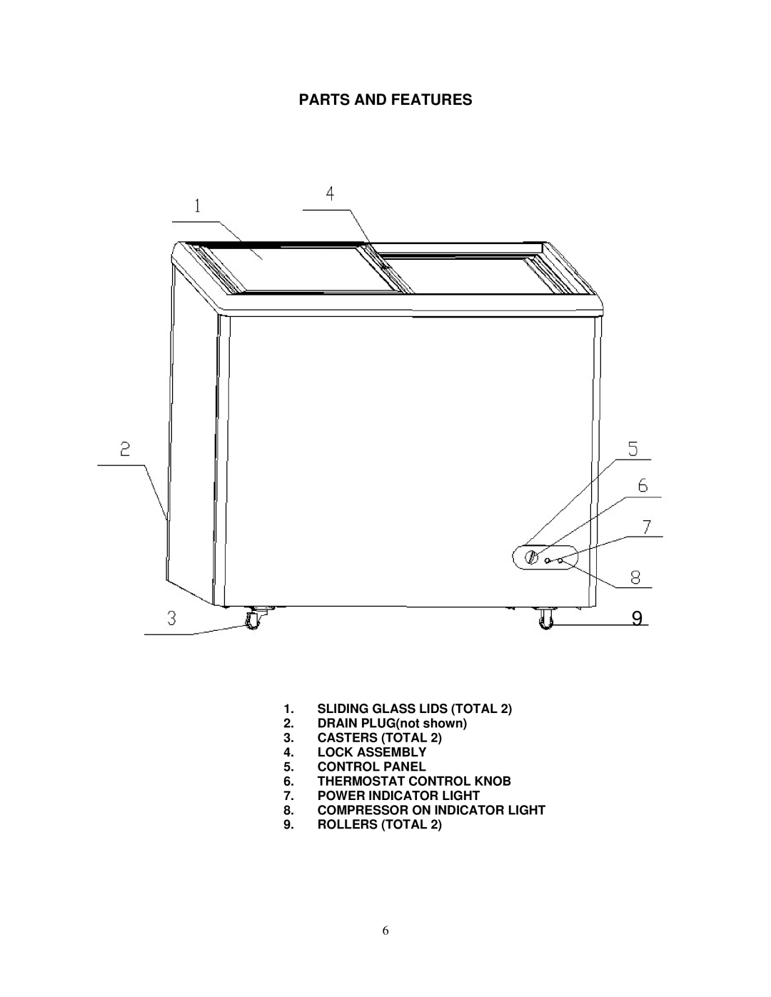 Avanti CF211G instruction manual Parts and Features, Sliding Glass Lids Total, Drain PLUGnot shown 