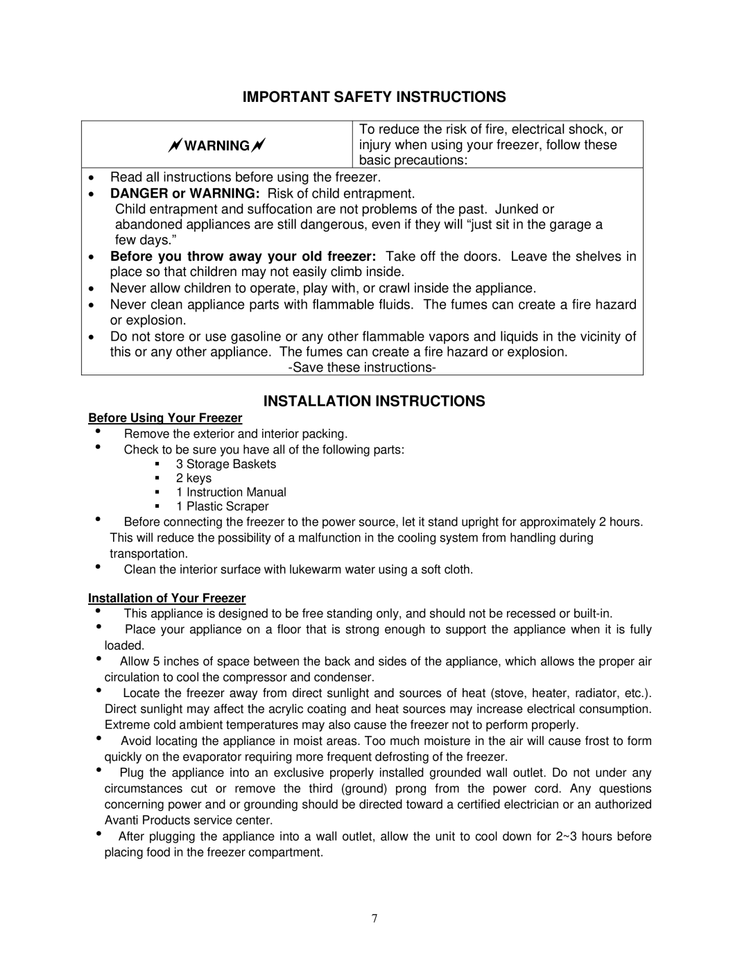 Avanti CF211G instruction manual Important Safety Instructions, Installation Instructions, Before Using Your Freezer 