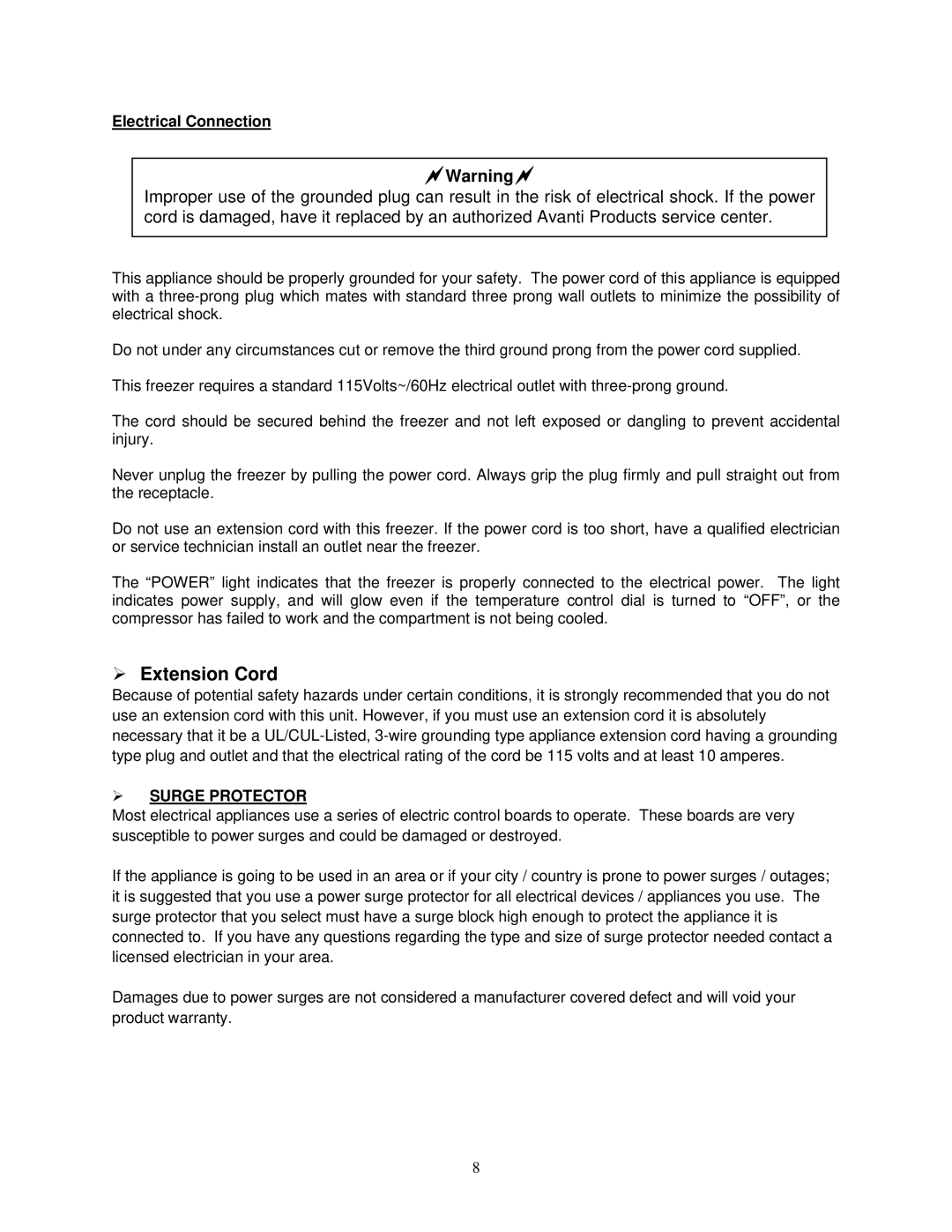Avanti CF211G instruction manual  Extension Cord, Electrical Connection,  Surge Protector 