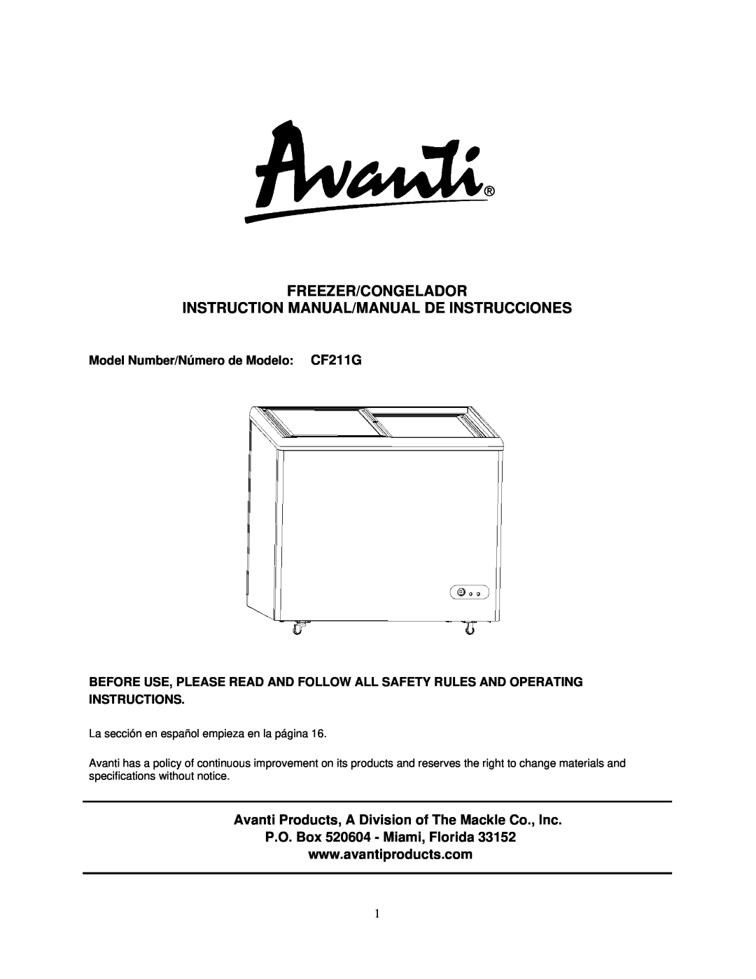 Avanti CF211G instruction manual Freezer/Congelador, P.O. Box 520604 - Miami, Florida 