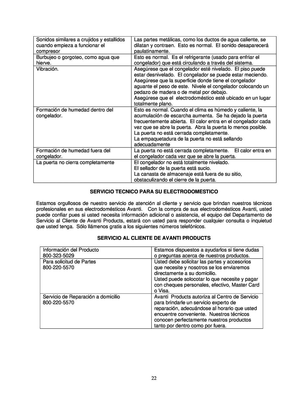 Avanti CF211G instruction manual Servicio Tecnico Para Su Electrodomestico, Servicio Al Cliente De Avanti Products 