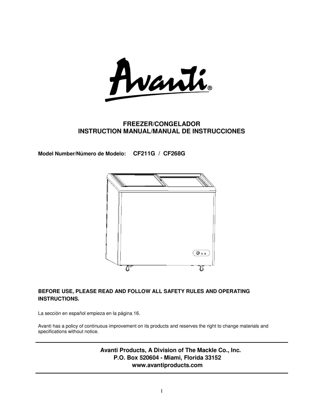 Avanti instruction manual Freezer/Congelador, Model Number/Número de Modelo CF211G / CF268G 