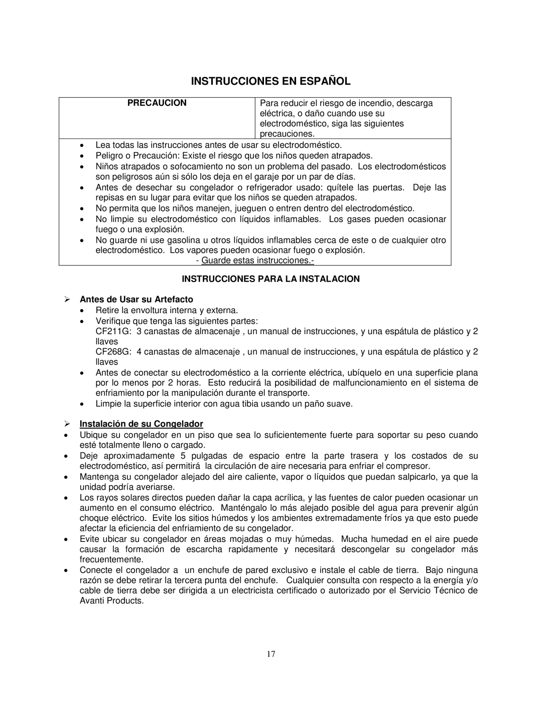 Avanti CF268G Instrucciones EN Español, Precaucion, Instrucciones Para LA Instalacion,  Antes de Usar su Artefacto 