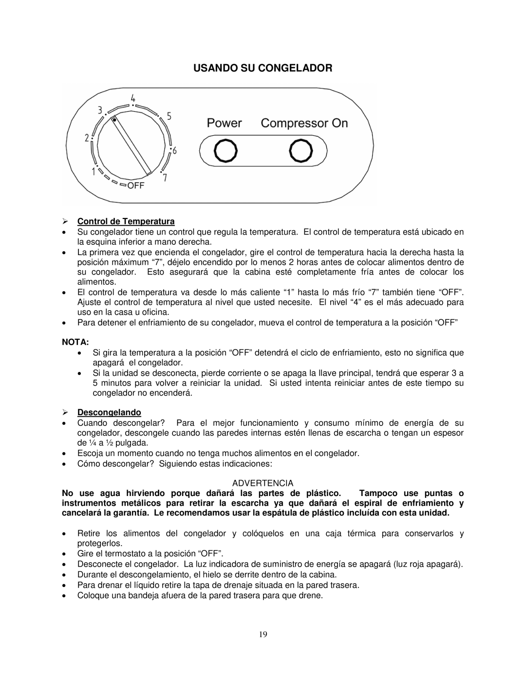 Avanti CF268G instruction manual Usando SU Congelador,  Control de Temperatura, Nota,  Descongelando 