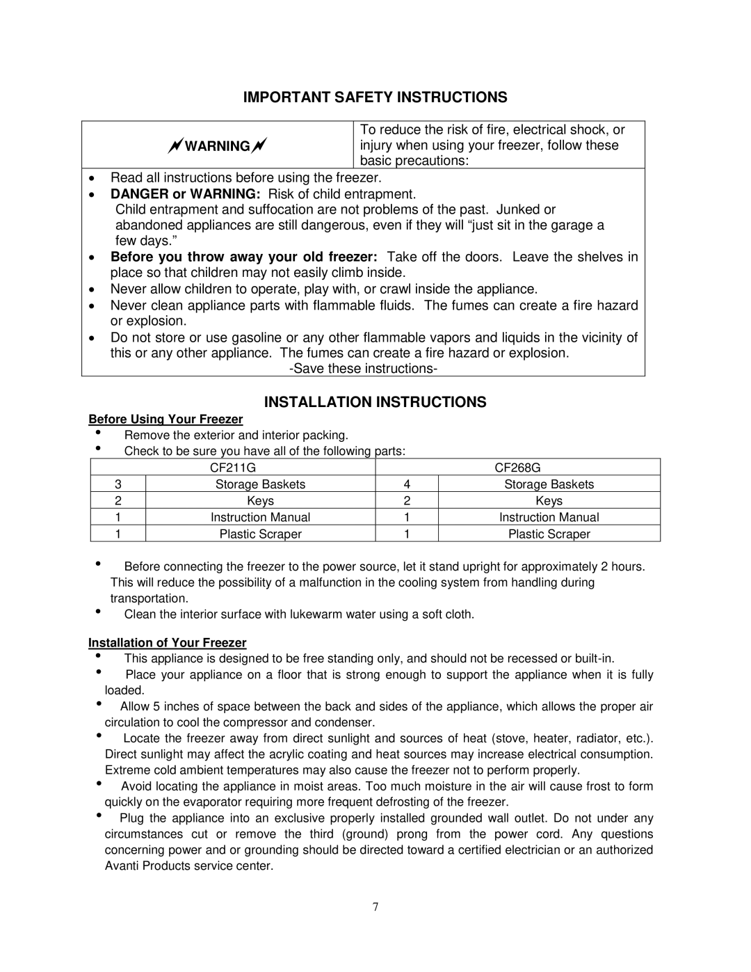 Avanti CF268G instruction manual Important Safety Instructions, Installation Instructions, Before Using Your Freezer 