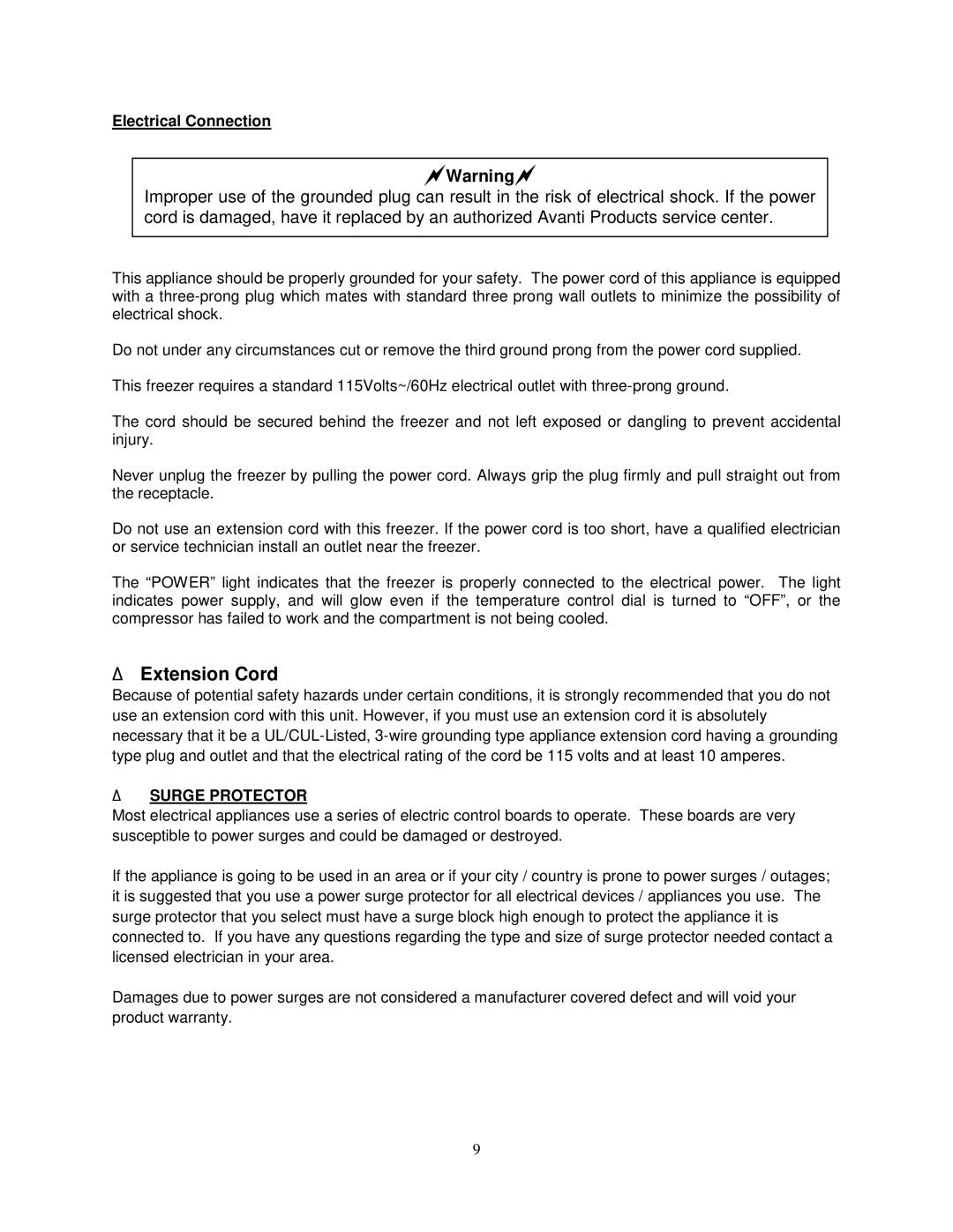 Avanti CF268G instruction manual Electrical Connection,  Surge Protector 