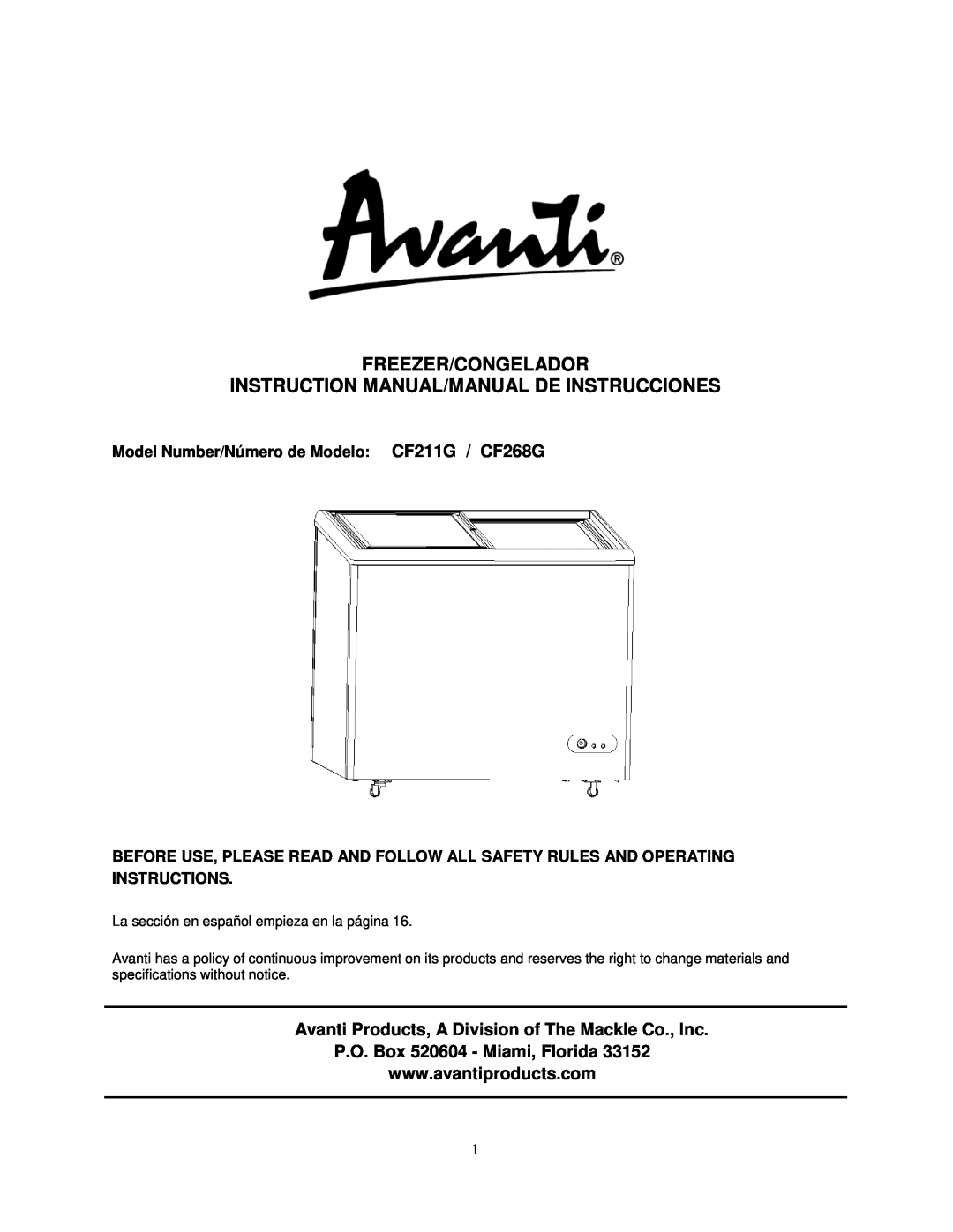 Avanti CF268G instruction manual Freezer/Congelador, P.O. Box 520604 - Miami, Florida 