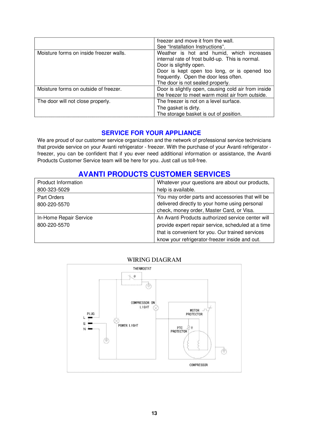 Avanti cf524cg instruction manual Avanti Products Customer Services, Service for Your Appliance 