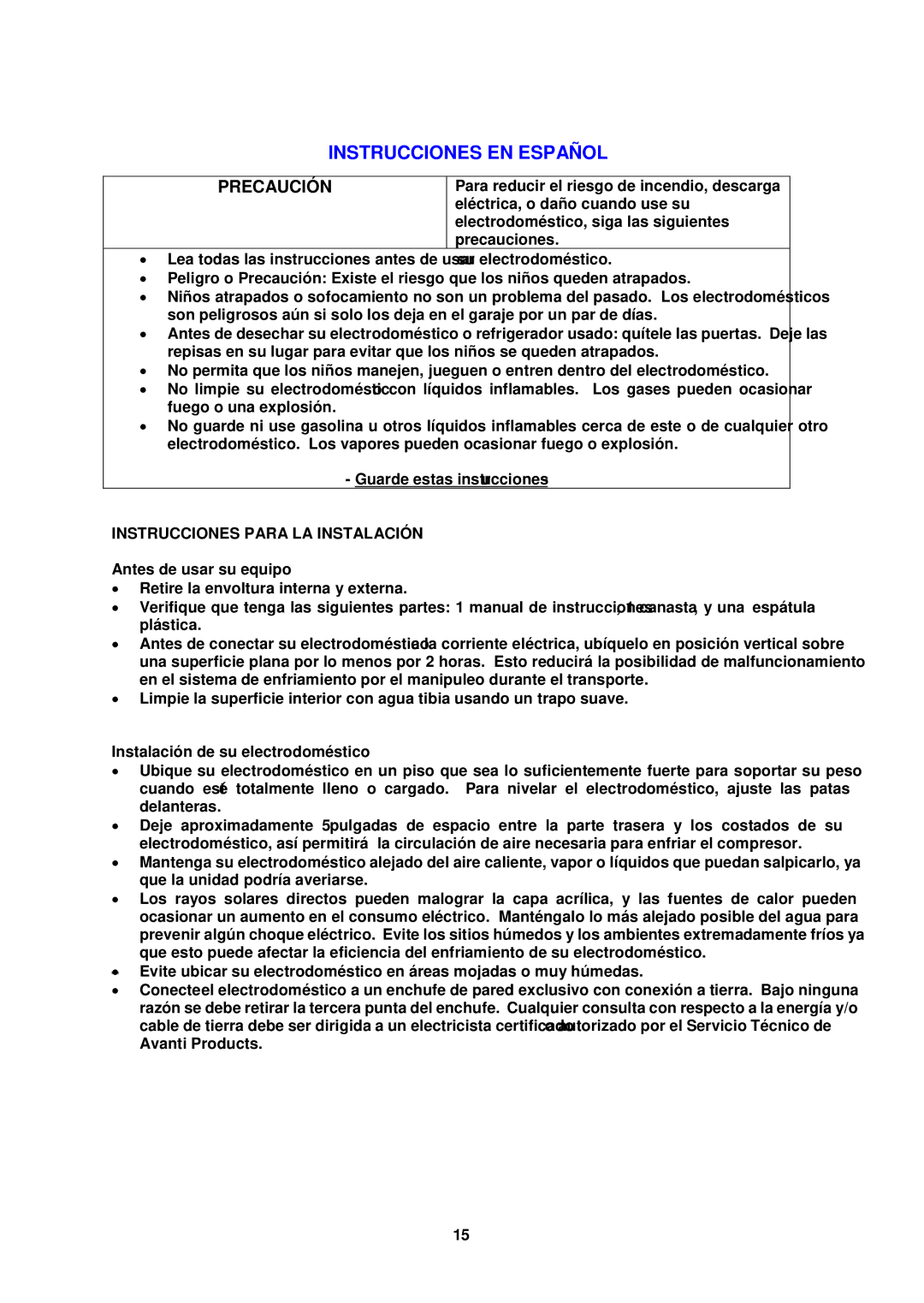 Avanti cf524cg instruction manual Instrucciones EN Español, Instrucciones Para LA Instalación, Antes de usar su equipo 