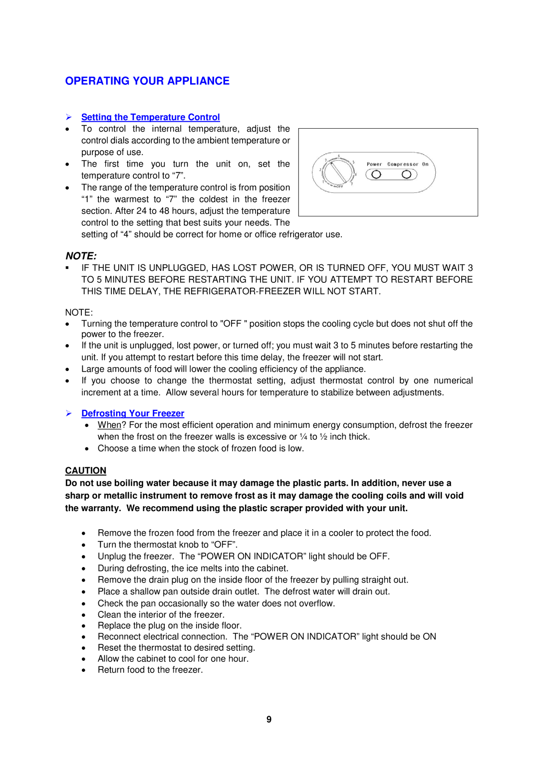 Avanti cf524cg instruction manual Operating Your Appliance,  Setting the Temperature Control,  Defrosting Your Freezer 