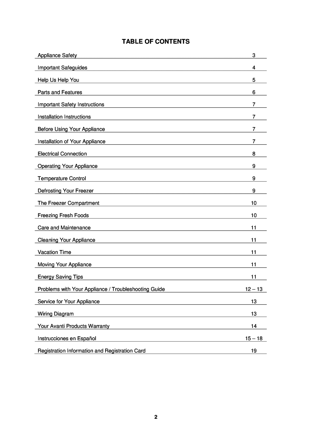 Avanti cf524cg instruction manual Table Of Contents 