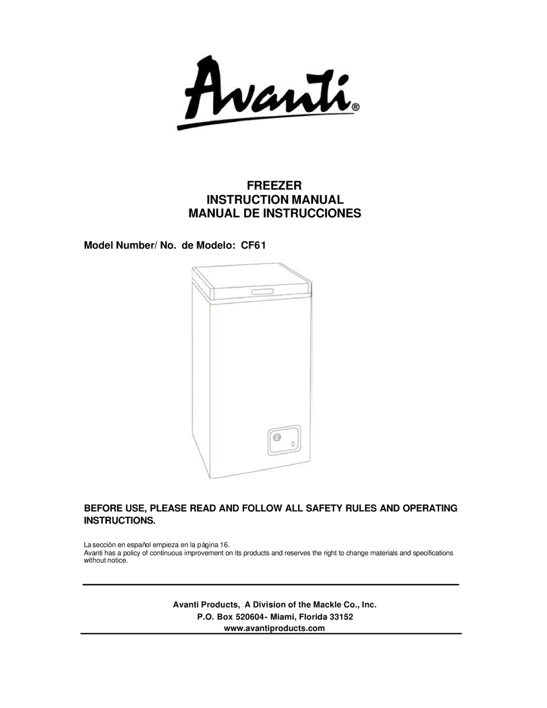 Avanti CF61 instruction manual Freezer Manual DE Instrucciones 