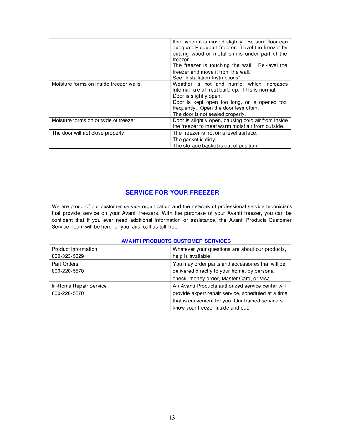 Avanti CF61 instruction manual Service for Your Freezer, Avanti Products Customer Services 