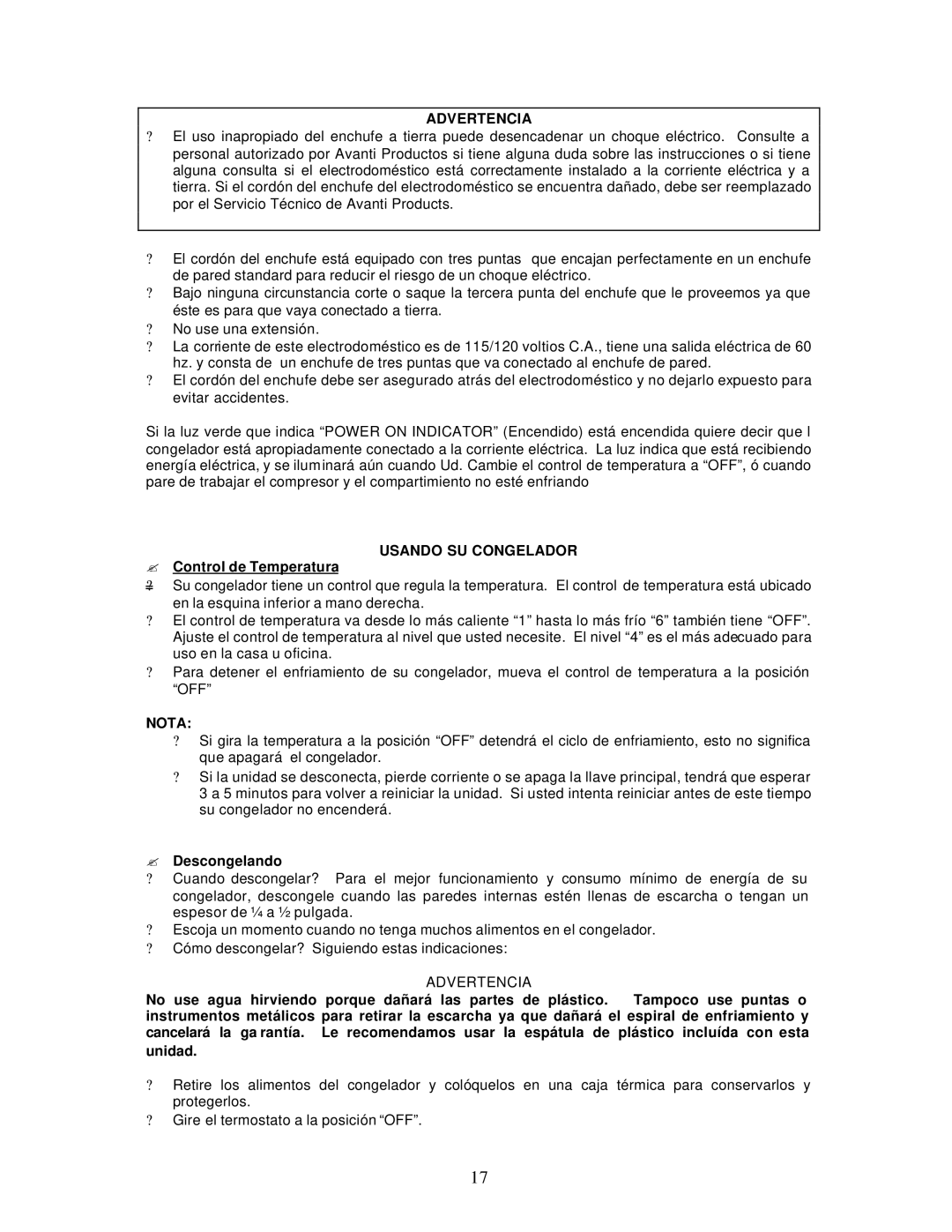 Avanti CF61 instruction manual Advertencia, Usando SU Congelador, ? Control de Temperatura, Nota, ? Descongelando 