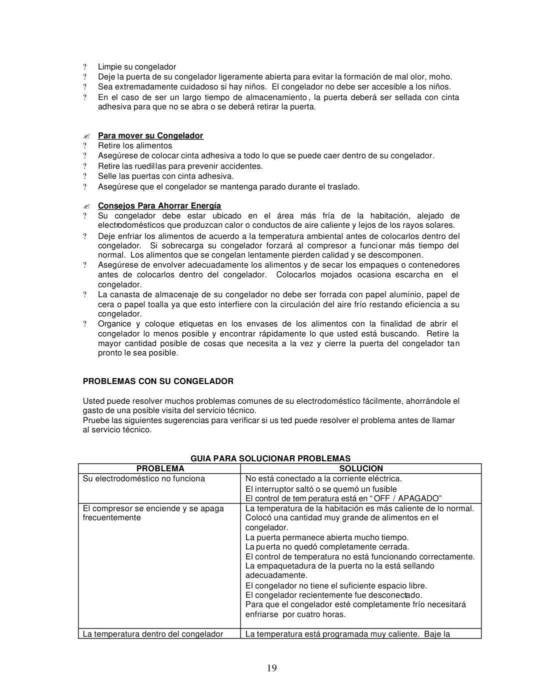 Avanti CF61 instruction manual ? Para mover su Congelador, ? Consejos Para Ahorrar Energía, Problemas CON SU Congelador 