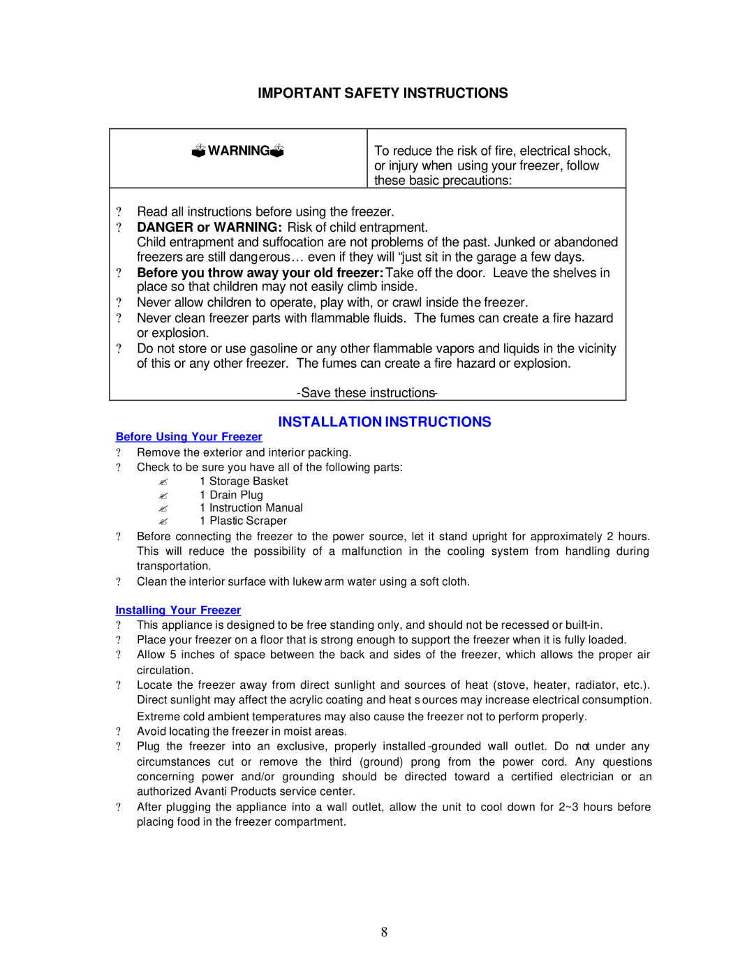 Avanti CF61 Important Safety Instructions, Installation Instructions, Before Using Your Freezer, Installing Your Freezer 