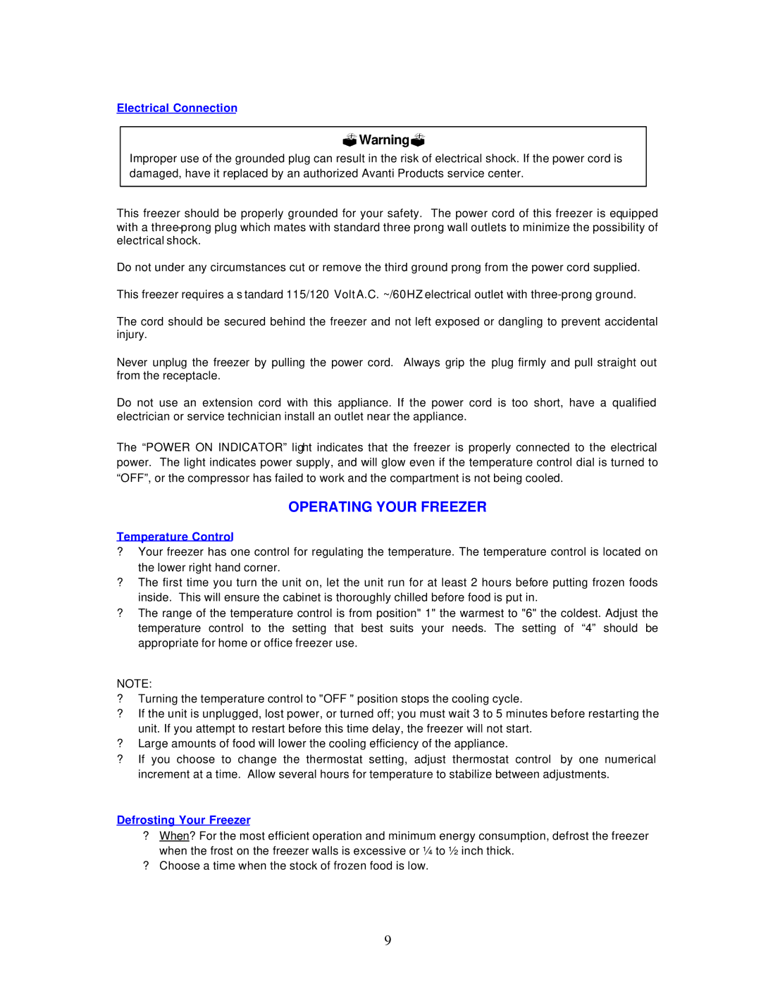 Avanti CF61 instruction manual Operating Your Freezer, Electrical Connection, Temperature Control, Defrosting Your Freezer 