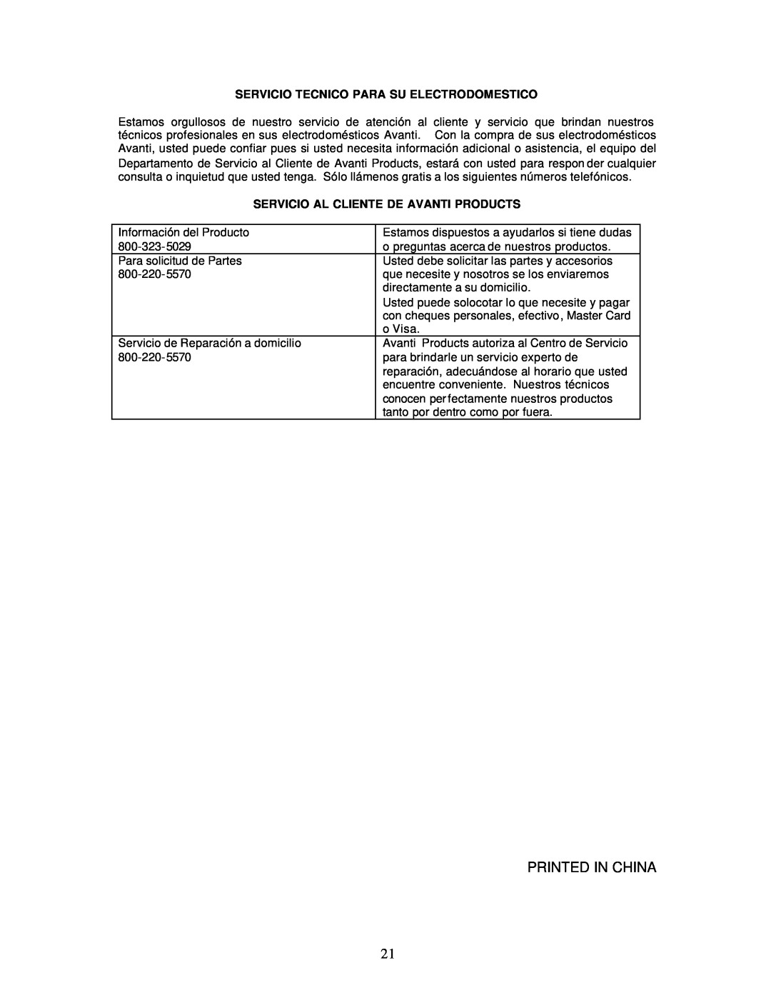 Avanti CF61 instruction manual Servicio Tecnico Para Su Electrodomestico, Servicio Al Cliente De Avanti Products 