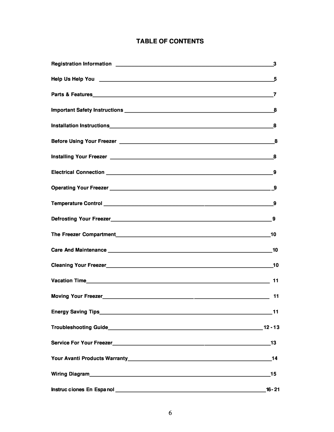 Avanti CF61 instruction manual Table Of Contents 